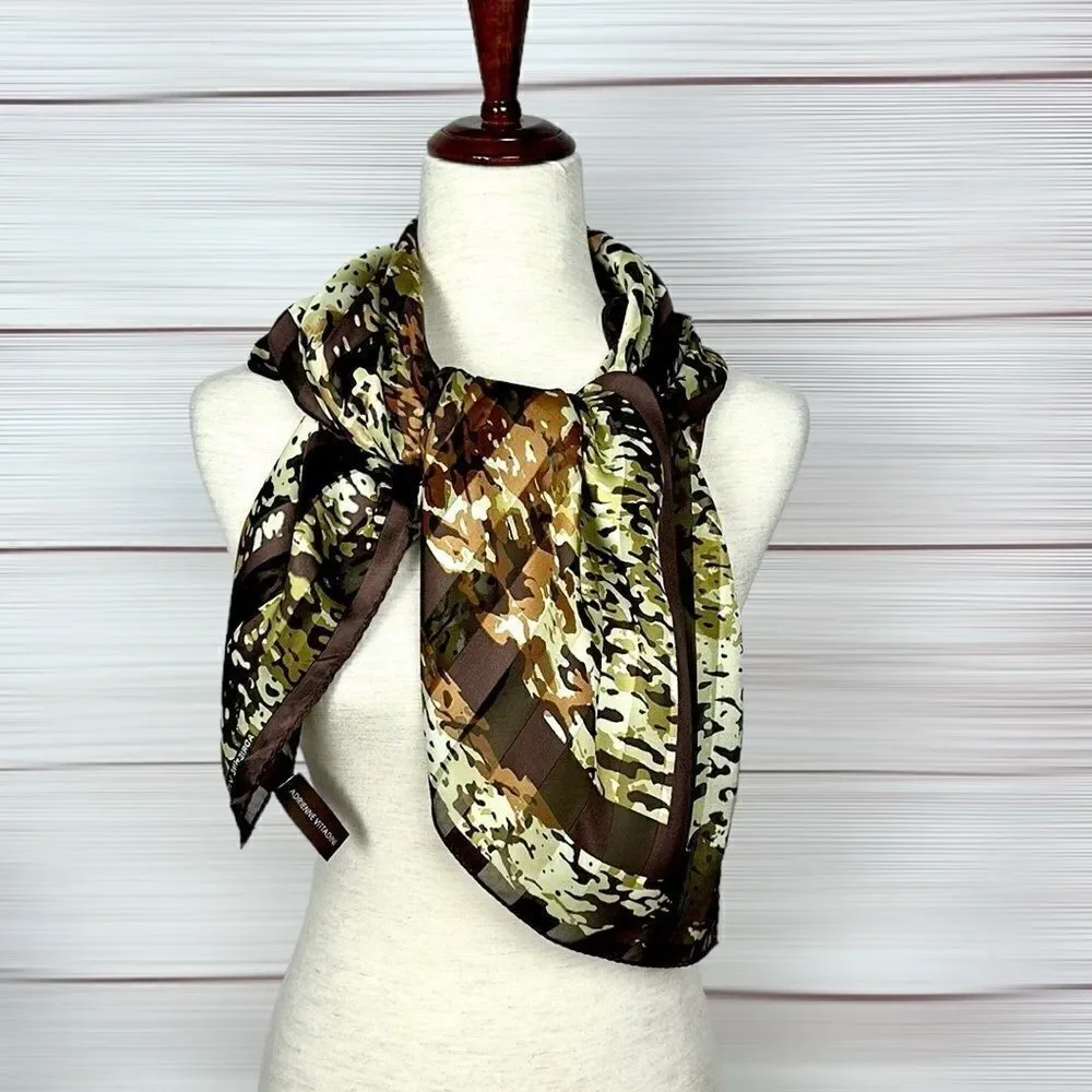 Adrienne Vittadini Silk Scarf Brown Green Ivory Satin Chiffon Square 34×34